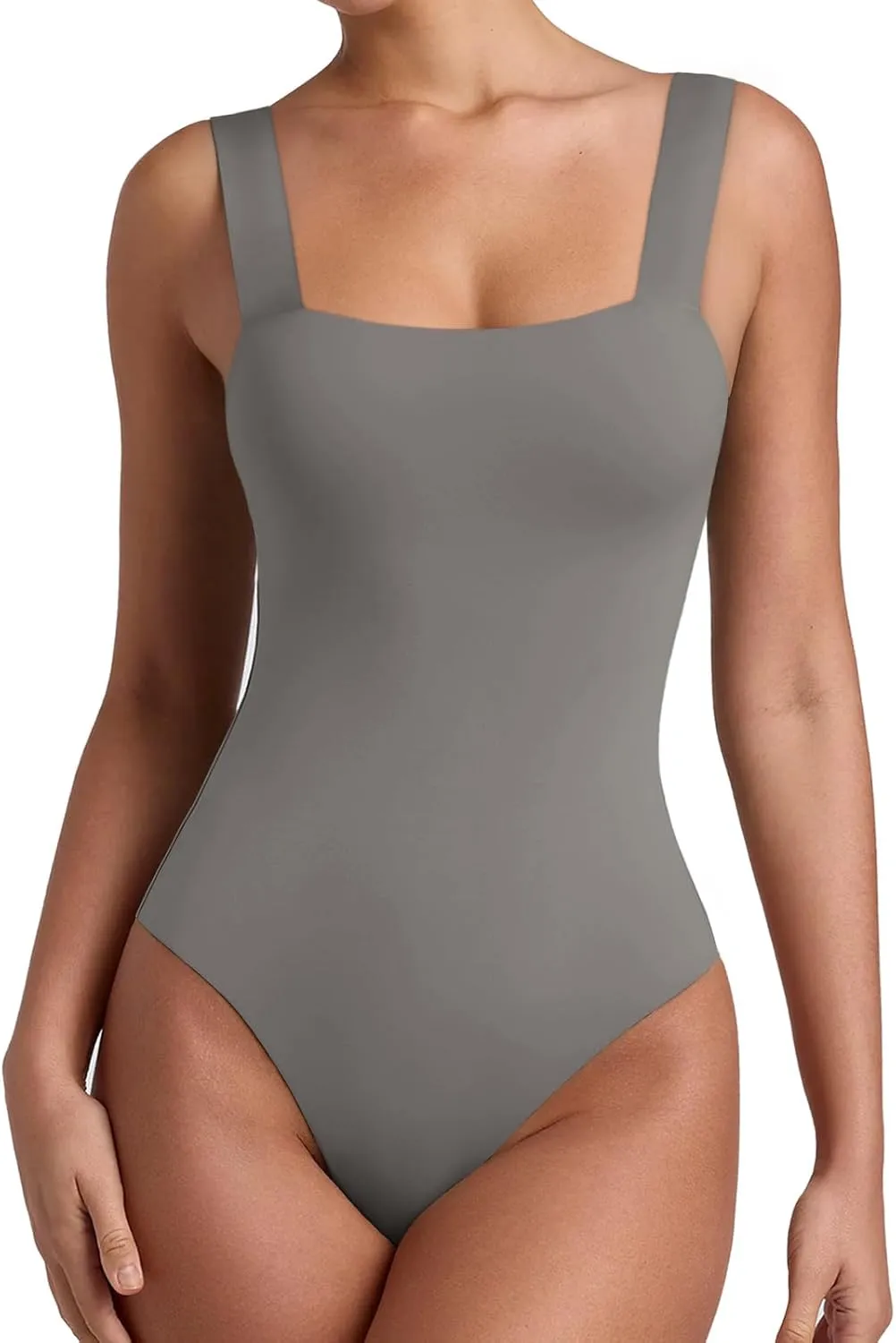 REORIA Butsmooth Womens Basic Sexy Square Neck Sleeveless Tank Tops Bodysuits Clubwear