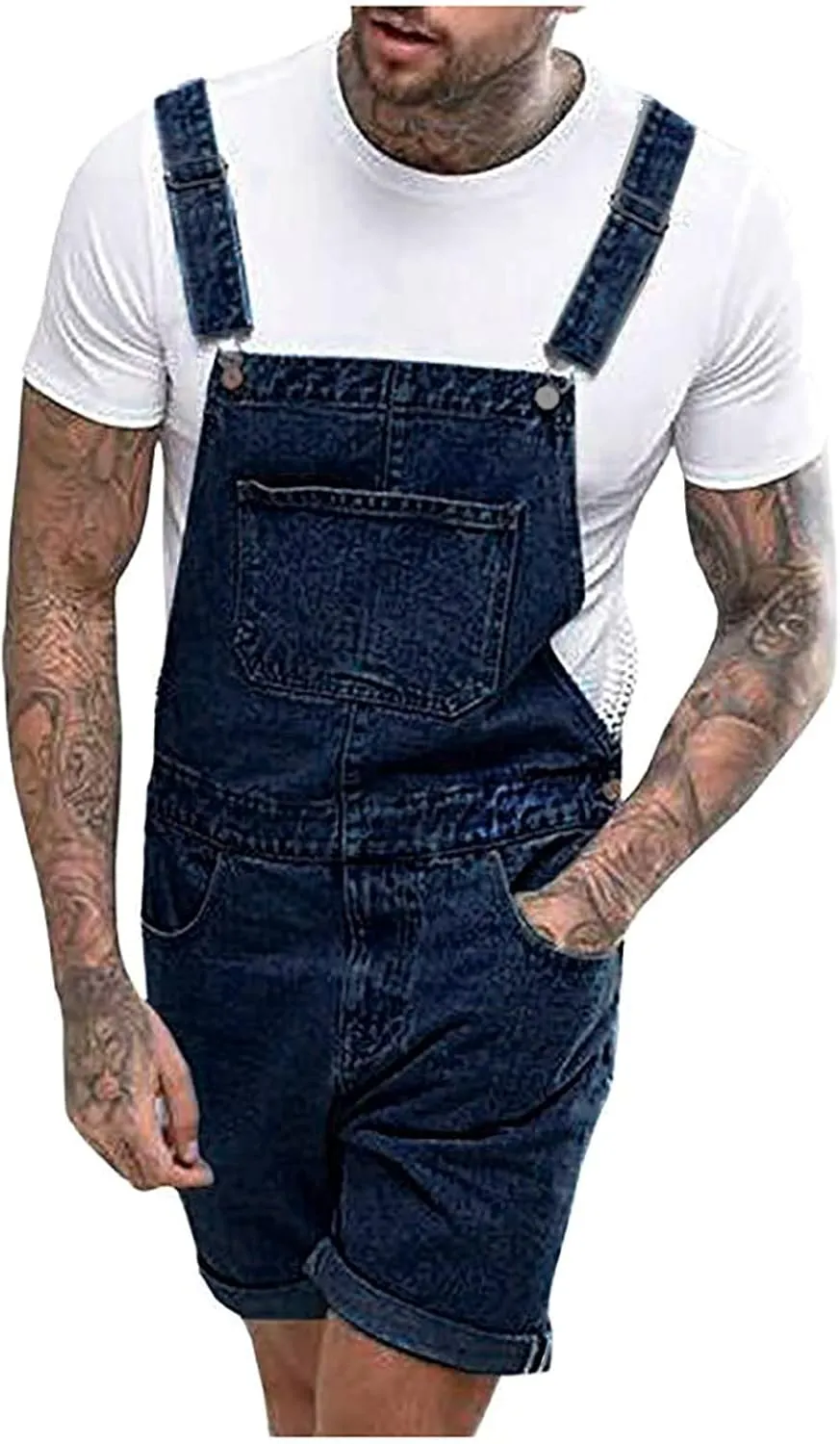 Ripped Denim Shorts Overalls Mens Cargo Jumpsuit Summer Short Jeans Slim Fit Combat Half Pants Playsuit Suspenders