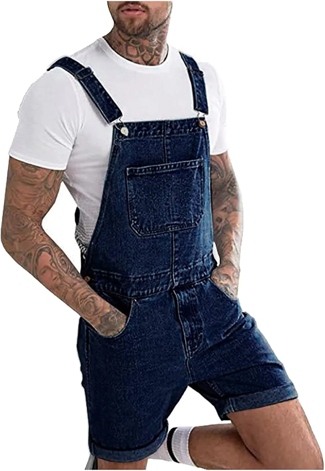 Ripped Denim Shorts Overalls Mens Cargo Jumpsuit Summer Short Jeans Slim Fit Combat Half Pants Playsuit Suspenders