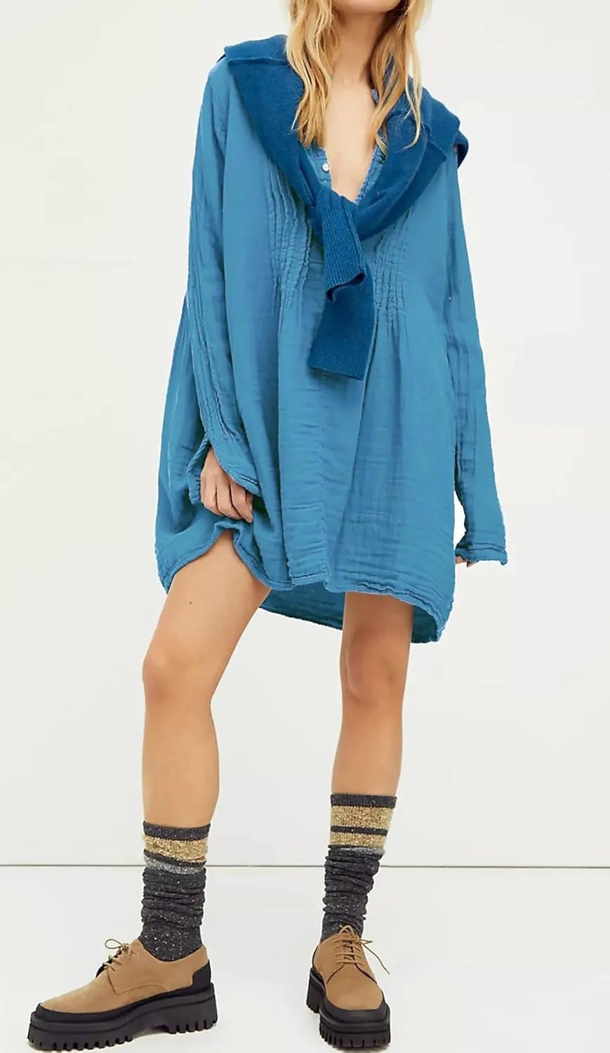 R.Vivimos Women's Tunic Dress Fall Cotton Button Down Long Sleeves Casual Mini Shirt Dress