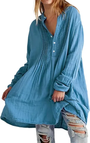 R.Vivimos Women's Tunic Dress Fall Cotton Button Down Long Sleeves Casual Mini Shirt Dress