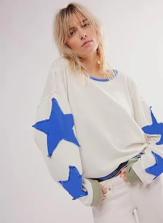 SAROULU Women Y2k Star Oversized Sweatshirt, Long Sleeve Lightweight Crewneck Hoodies