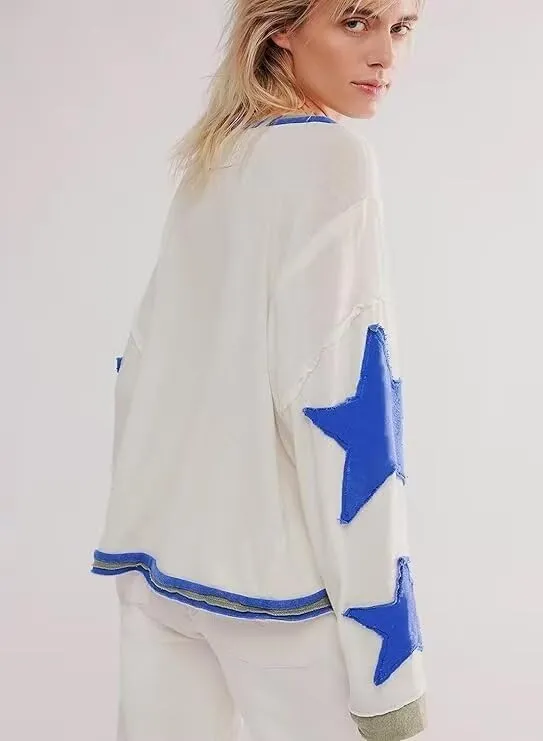 SAROULU Women Y2k Star Oversized Sweatshirt, Long Sleeve Lightweight Crewneck Hoodies