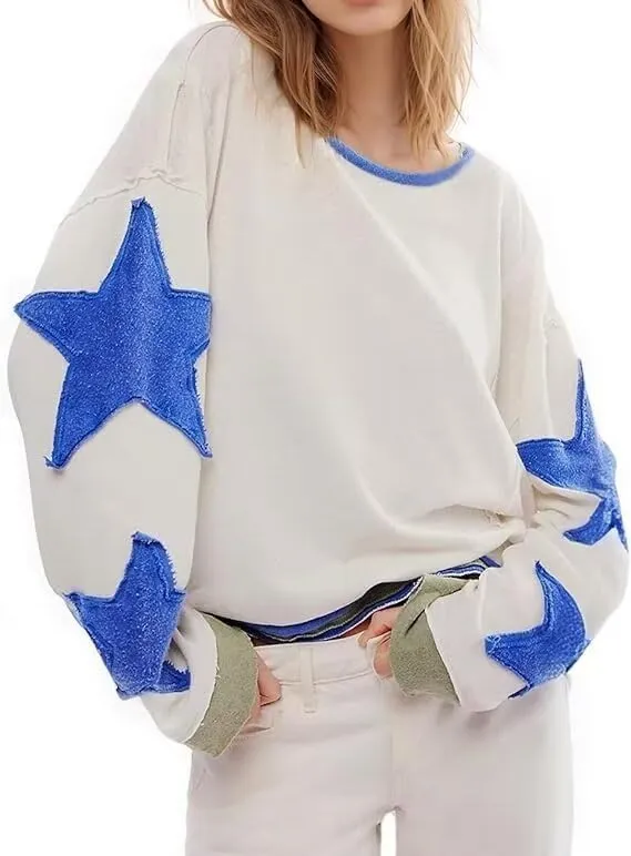 SAROULU Women Y2k Star Oversized Sweatshirt, Long Sleeve Lightweight Crewneck Hoodies
