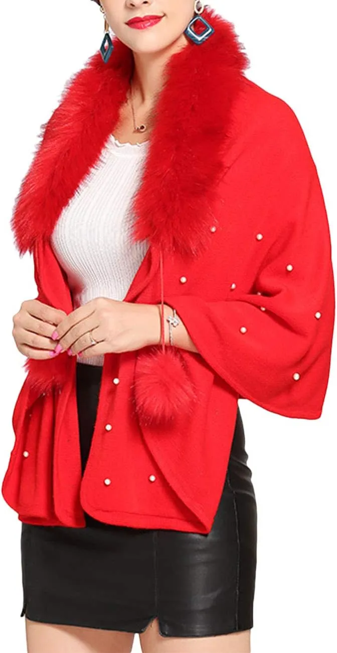 SEMATOMALA Women's Winter/Autumn Bridal Faux Cashmere Fur Collar Cardigan Shawl Wraps Cloak Coat Poncho Cape Jacket Outwear