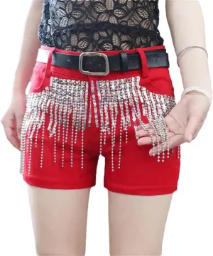 Sequins Tassels Denim Shorts Women's Summer Slim Hot Pants Casual Short Jeans