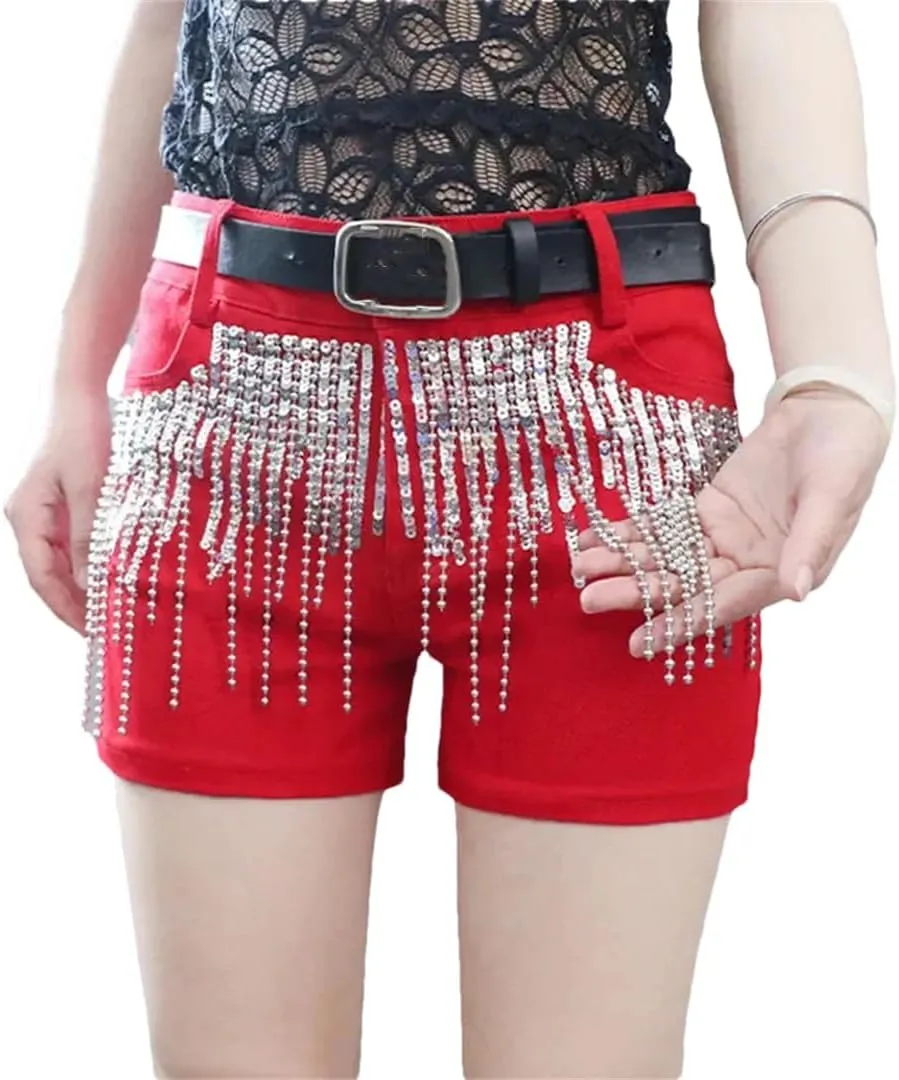 Sequins Tassels Denim Shorts Women's Summer Slim Hot Pants Casual Short Jeans