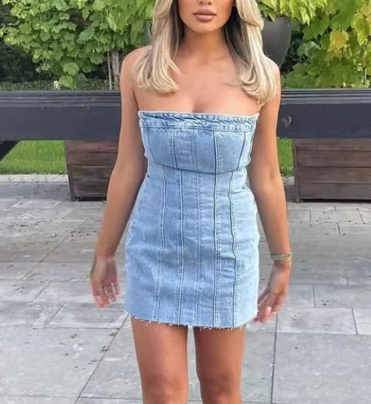 Sexy Denim Summer Dresses 2025 Women Y2k Clothing Jeans Tube Backless Bodycon Mini Dress Western Cowgirl Streetwear