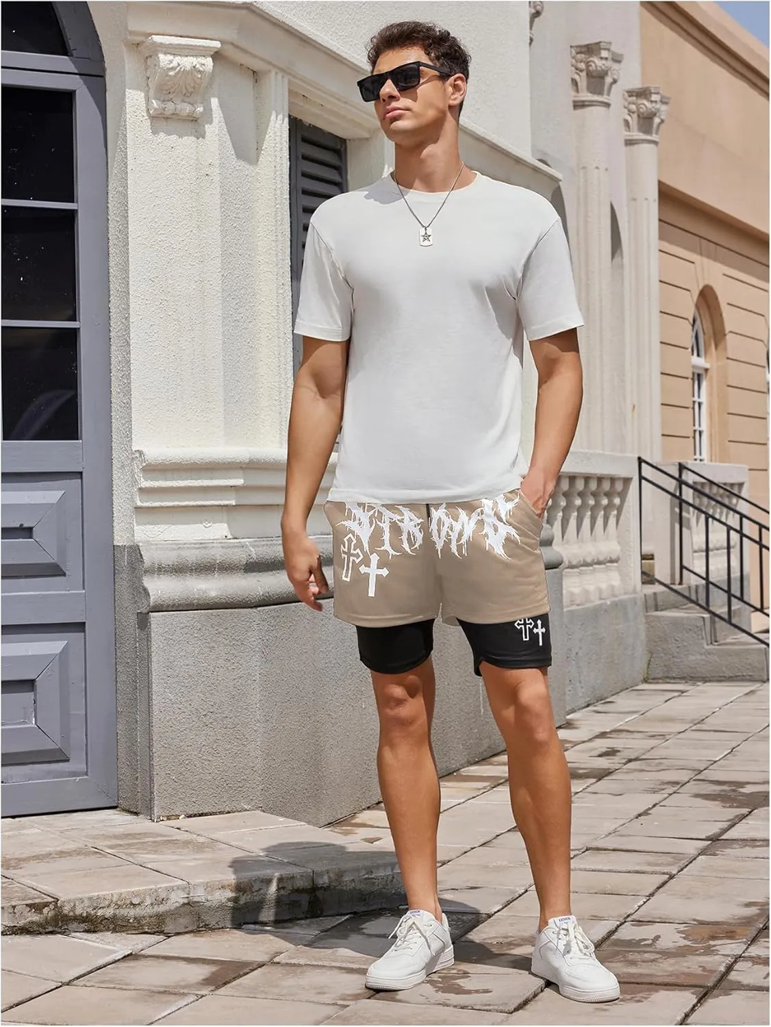 SHENHE Men's Graphic Shorts with Liner Cross Print Drawstring 2 in 1 Goth Gym Track Bottoms