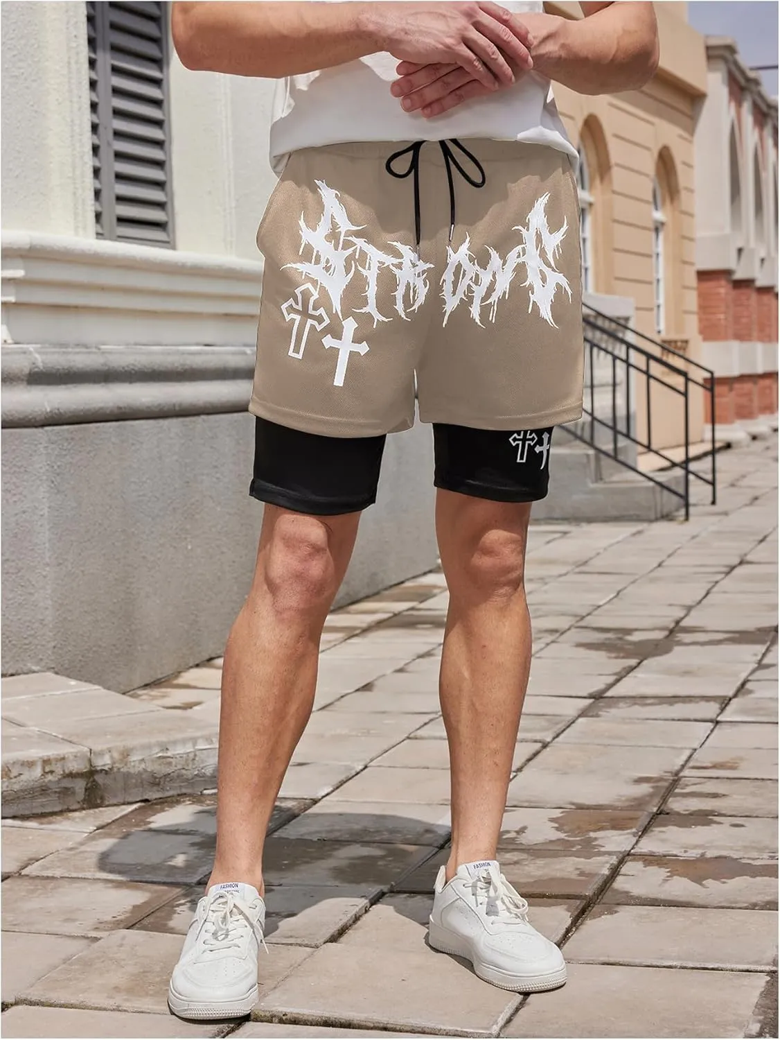 SHENHE Men's Graphic Shorts with Liner Cross Print Drawstring 2 in 1 Goth Gym Track Bottoms