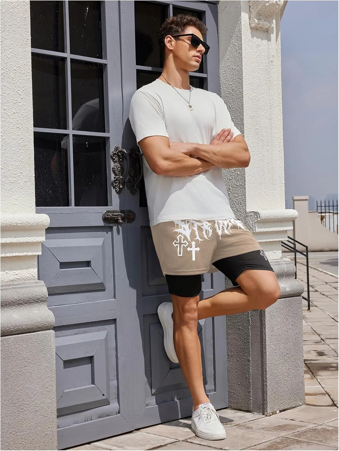 SHENHE Men's Graphic Shorts with Liner Cross Print Drawstring 2 in 1 Goth Gym Track Bottoms