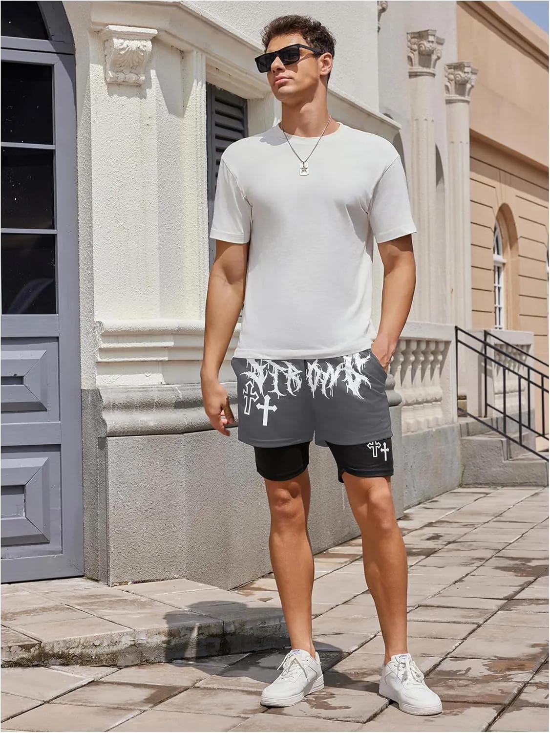 SHENHE Men's Graphic Shorts with Liner Cross Print Drawstring 2 in 1 Goth Gym Track Bottoms