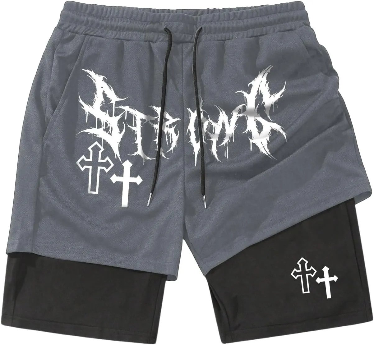 SHENHE Men's Graphic Shorts with Liner Cross Print Drawstring 2 in 1 Goth Gym Track Bottoms