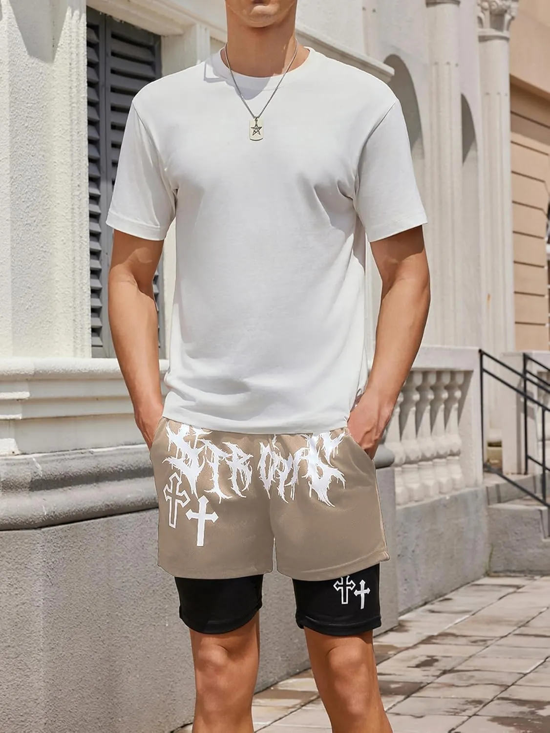 SHENHE Men's Graphic Shorts with Liner Cross Print Drawstring 2 in 1 Goth Gym Track Bottoms