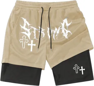 SHENHE Men's Graphic Shorts with Liner Cross Print Drawstring 2 in 1 Goth Gym Track Bottoms