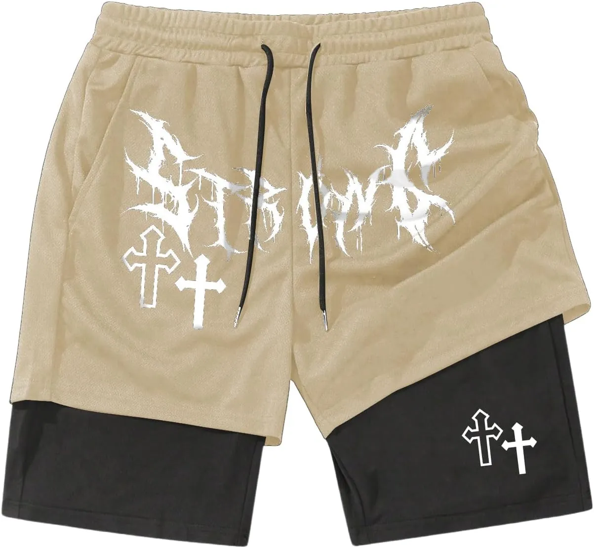 SHENHE Men's Graphic Shorts with Liner Cross Print Drawstring 2 in 1 Goth Gym Track Bottoms
