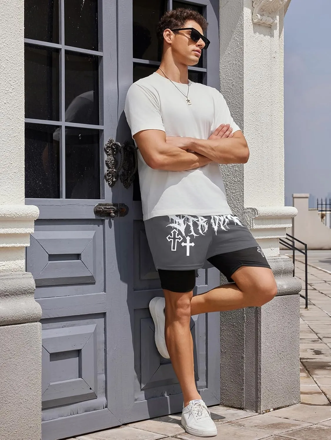 SHENHE Men's Graphic Shorts with Liner Cross Print Drawstring 2 in 1 Goth Gym Track Bottoms