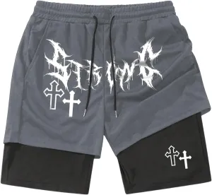 SHENHE Men's Graphic Shorts with Liner Cross Print Drawstring 2 in 1 Goth Gym Track Bottoms