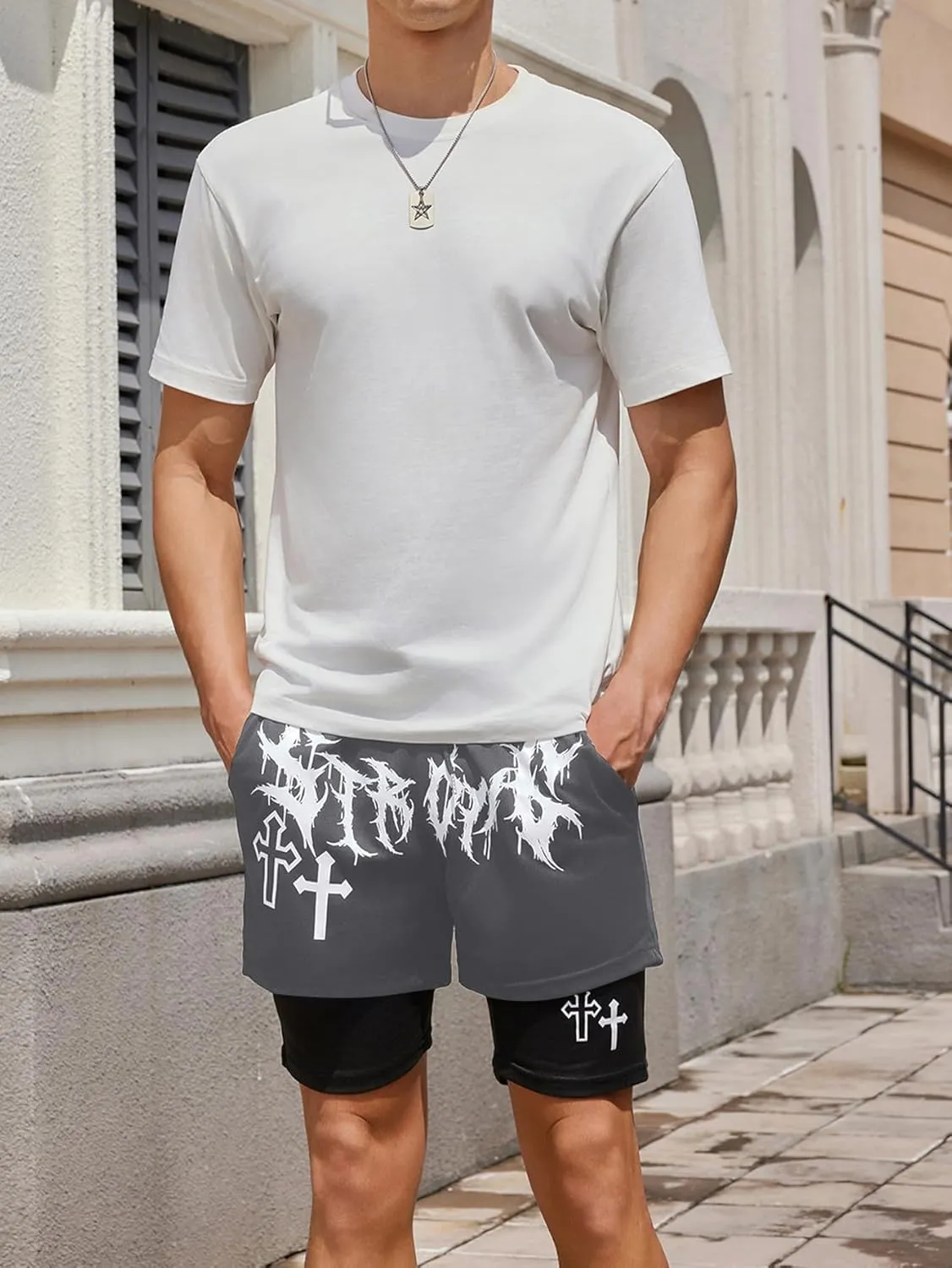 SHENHE Men's Graphic Shorts with Liner Cross Print Drawstring 2 in 1 Goth Gym Track Bottoms