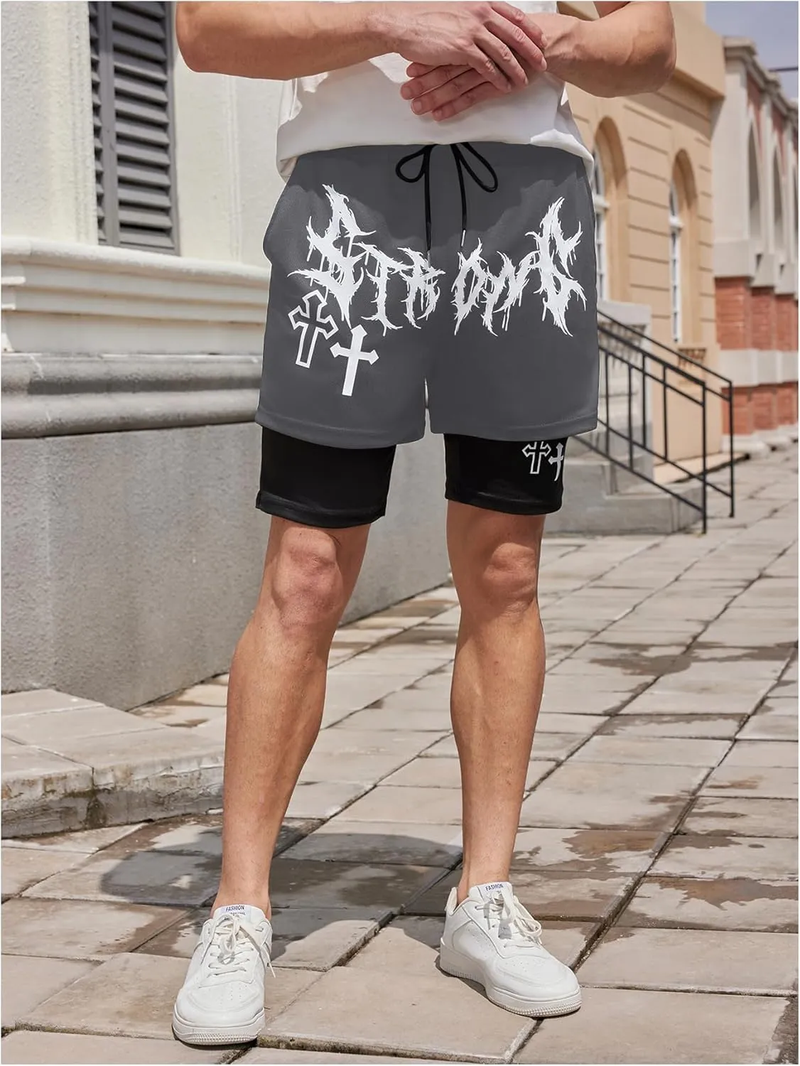 SHENHE Men's Graphic Shorts with Liner Cross Print Drawstring 2 in 1 Goth Gym Track Bottoms