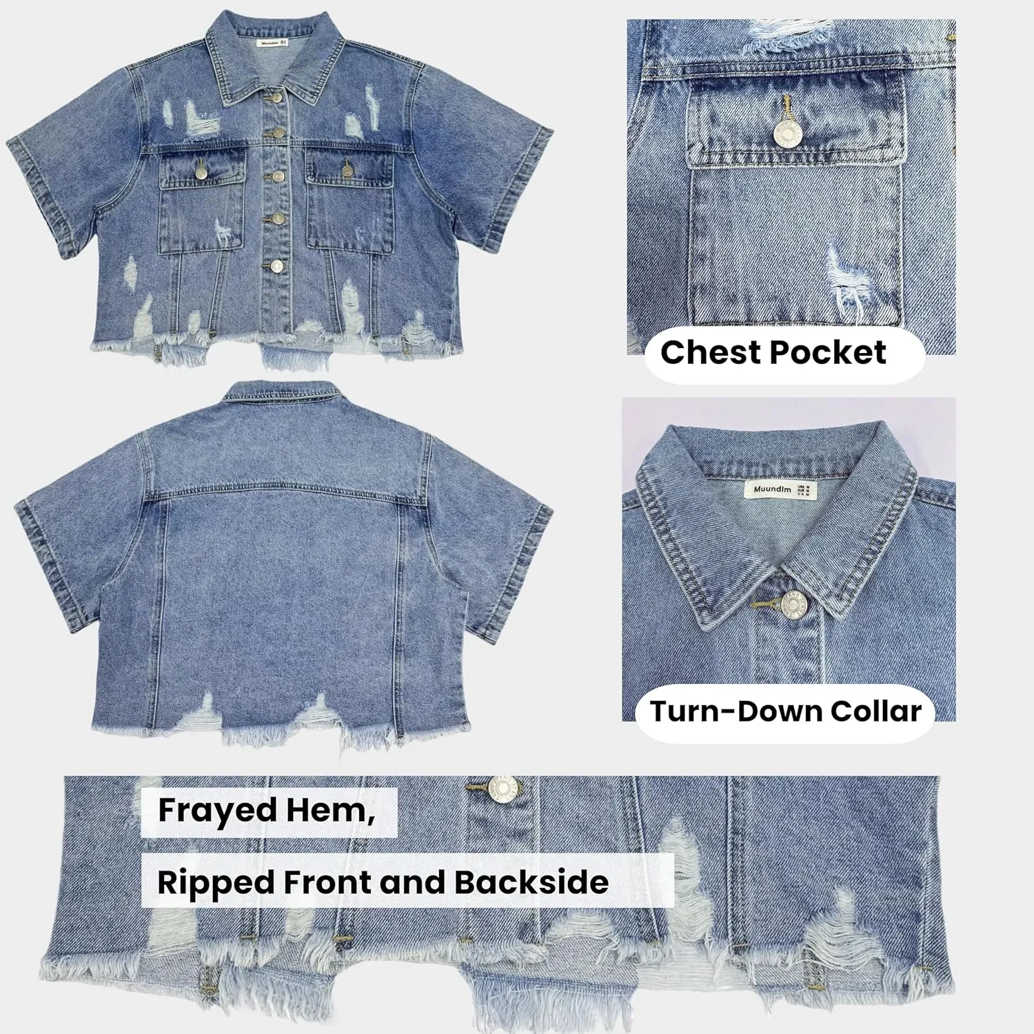 Short Sleeve Jean Jacket for Women Cropped Plus Size, Distressed Denim Top Jackets Coat with Frayed Hem