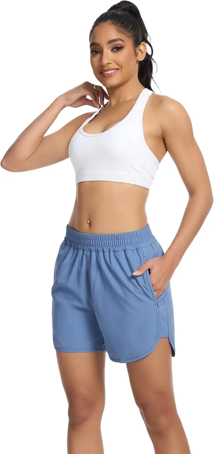 SILKWORLD Women's Running Shorts Hight Waist 5" Summer Athletic Gym Workout Fashion Short with Liner and Zipper Pockets