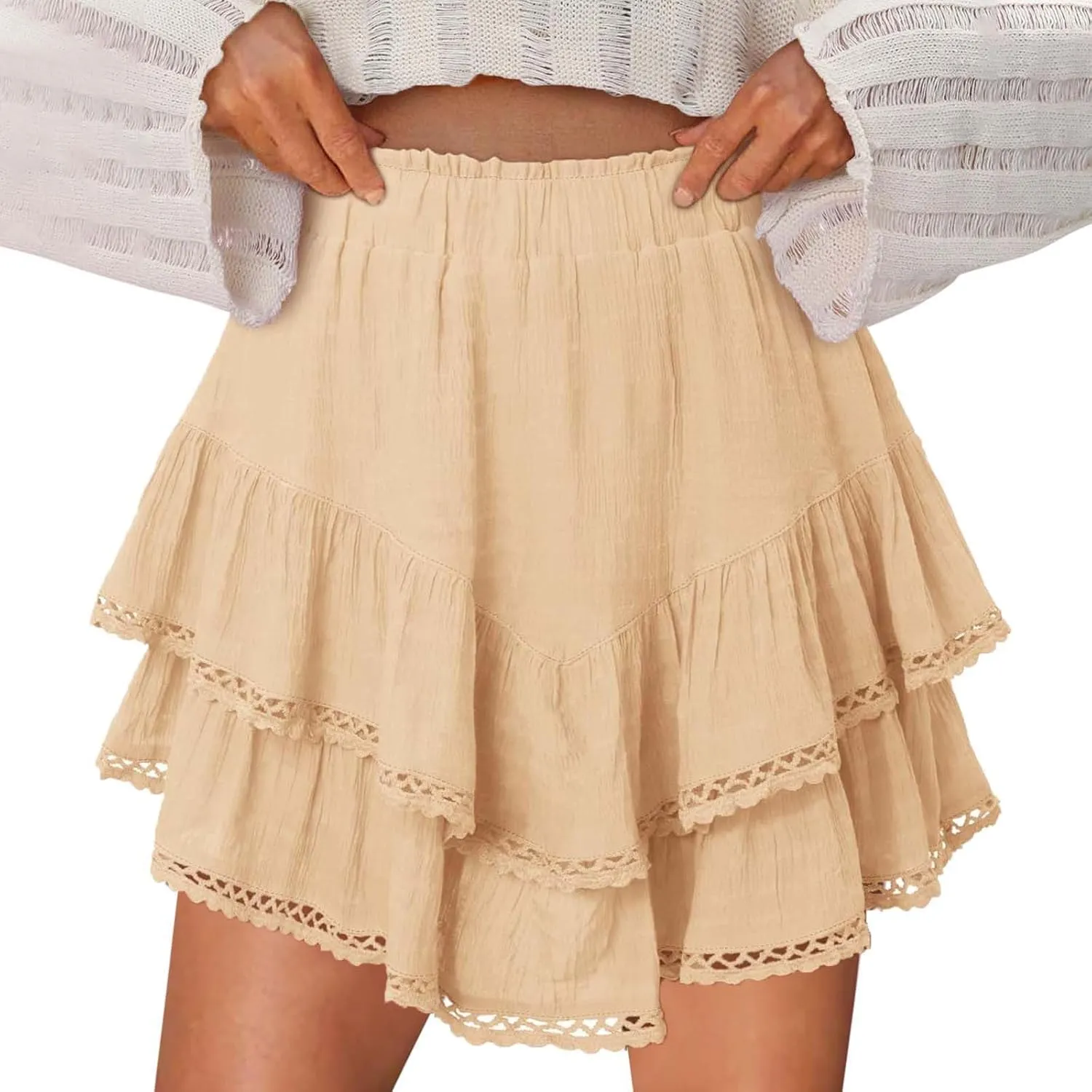 Skirts for Women Summer Casual Boho Ruffle Tiered Skorts Solid High Waist Mini Golf Tennis Crochet Vacation Outfits