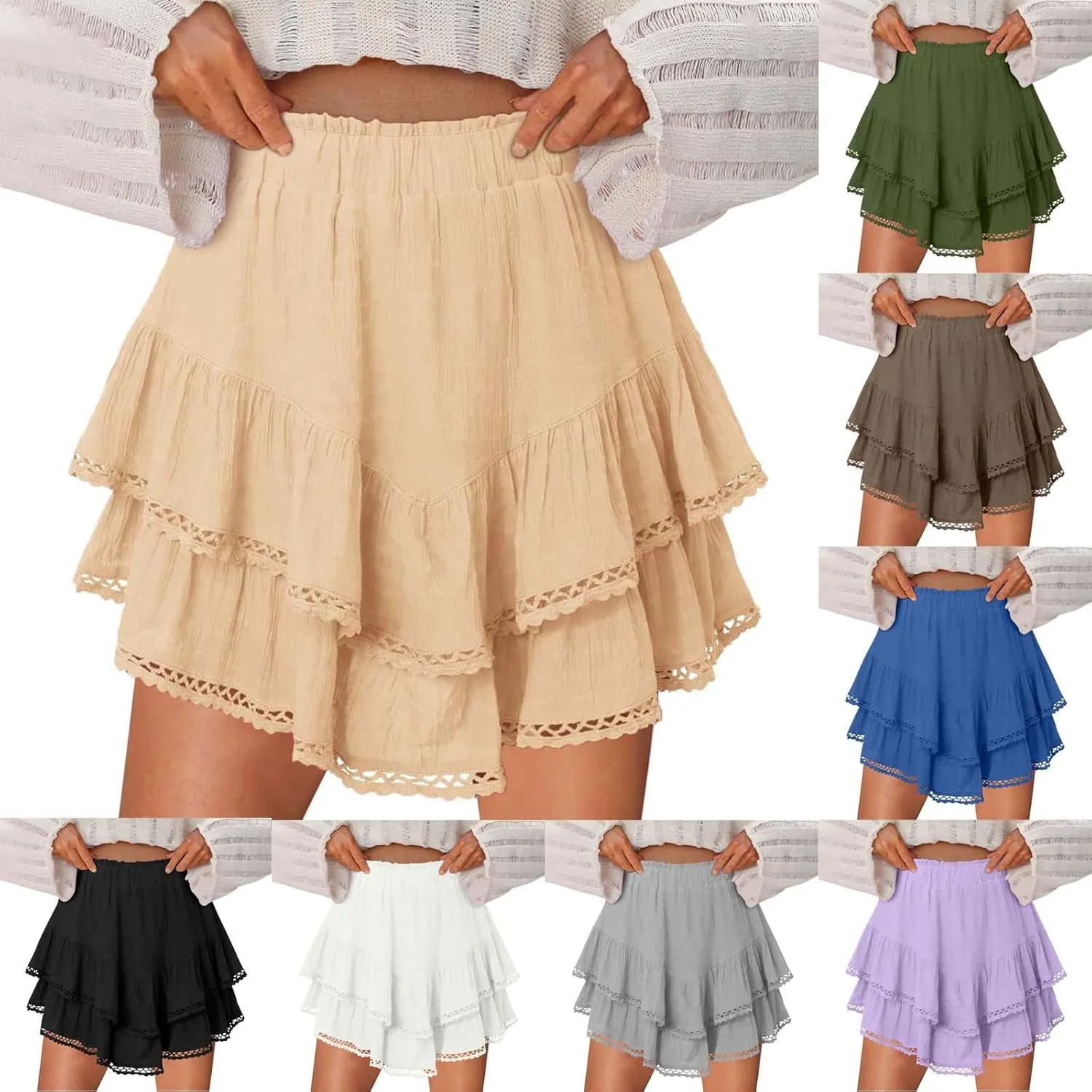Skirts for Women Summer Casual Boho Ruffle Tiered Skorts Solid High Waist Mini Golf Tennis Crochet Vacation Outfits