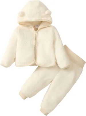 SOBOWO Winter Clothes for Baby Boy Girl Fleece Zip up Hoodie Jacket Coat Ear Warm Sweatshirt Pants Outwear Toddler Outfits