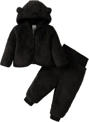 SOBOWO Winter Clothes for Baby Boy Girl Fleece Zip up Hoodie Jacket Coat Ear Warm Sweatshirt Pants Outwear Toddler Outfits