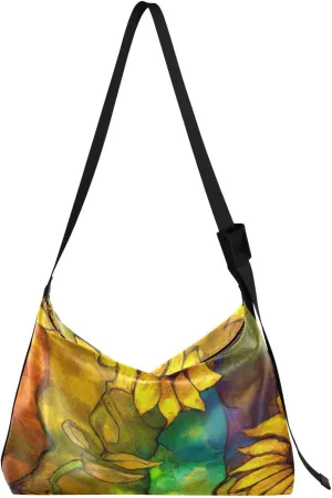 Stained Glass Sunflowers Hobo Crossbody Bags for Women Leather Large Shoulder Bag Cross Body Oil Painting Artistic Trendy Womens Tote Bags Handbag for Travel Shopping