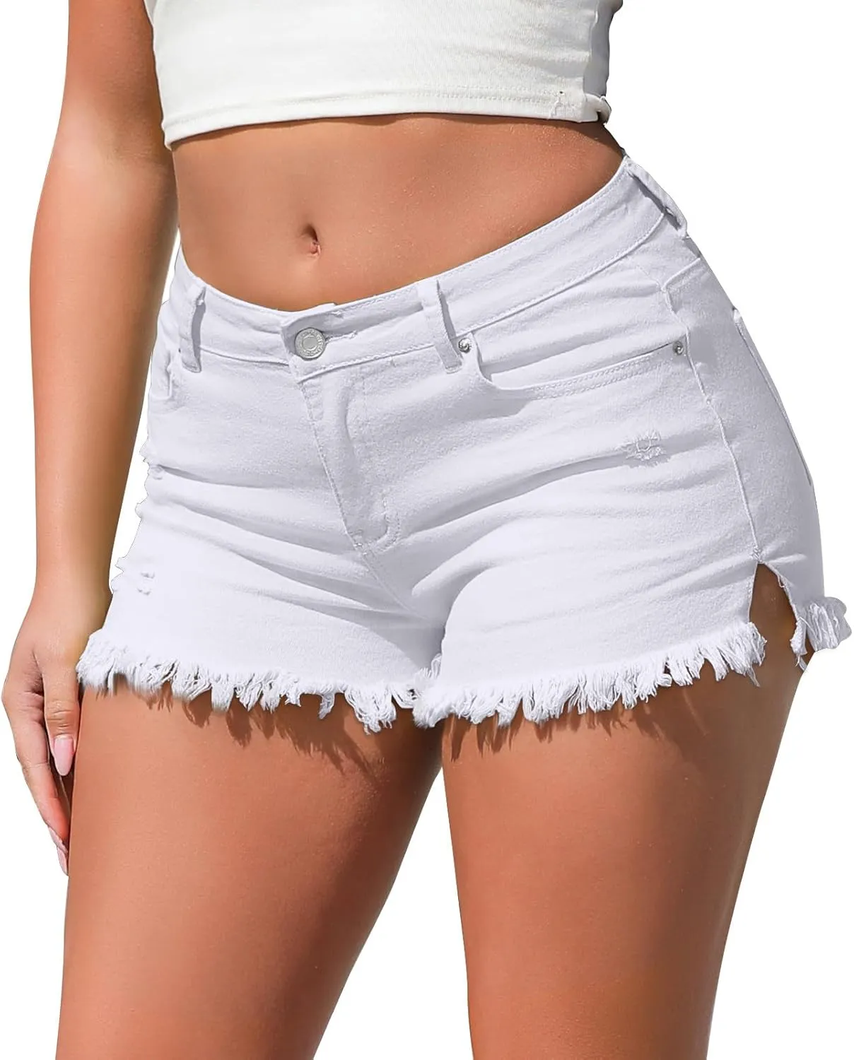 Stretchy Denim Shorts Women Frayed Raw Hemline Ripped Jean Shorts Side Slit Tummy Control High Waisted Mini Short Pants