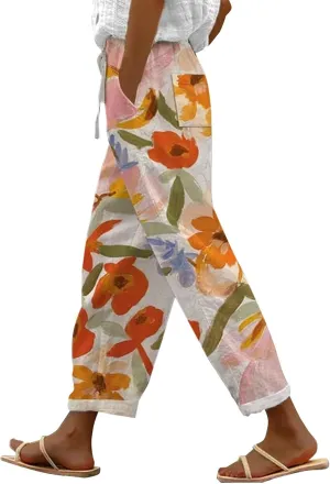 Summer Capri Pants for Women 2024 Flax Elastic Long Pants Beach Leisure Trousers Women's Summer Casual Linen Pants