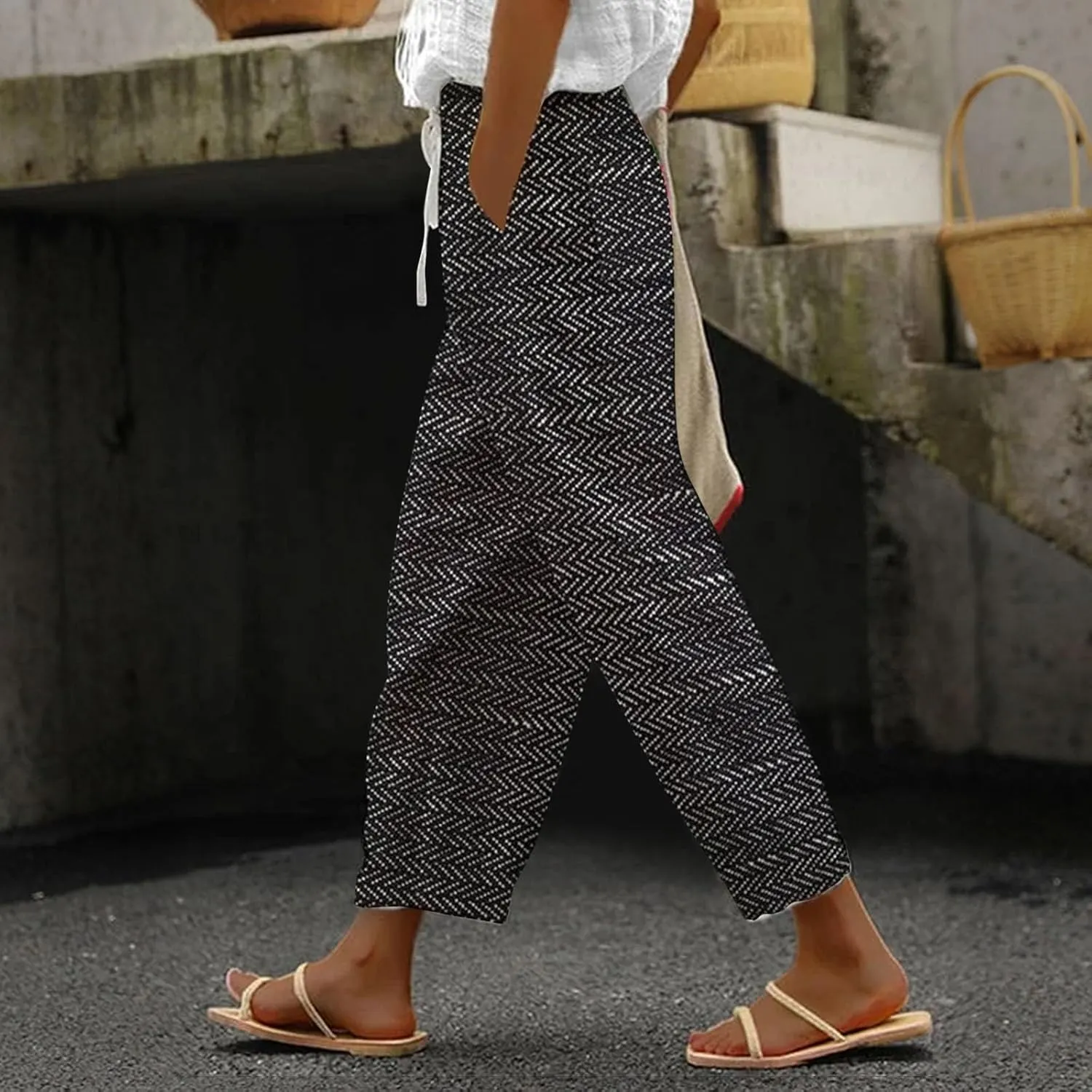 Summer Capri Pants for Women 2024 Flax Elastic Long Pants Beach Leisure Trousers Women's Summer Casual Linen Pants