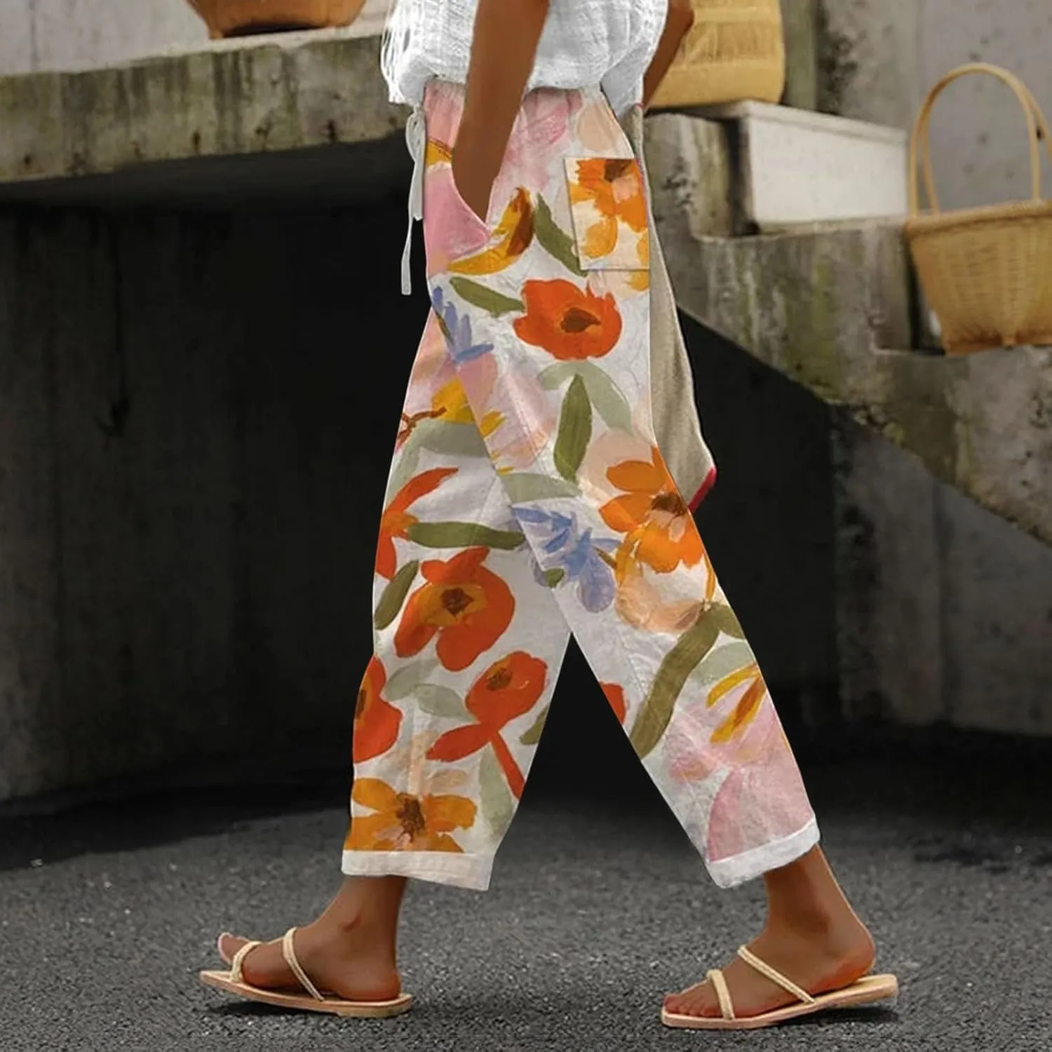 Summer Capri Pants for Women 2024 Flax Elastic Long Pants Beach Leisure Trousers Women's Summer Casual Linen Pants