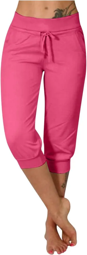 Summer Joggers for Women Casual Drawstring Low Waist Tapered Pants Stretch Slim Leg Capri Pants for Running