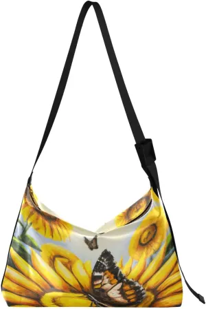 Sunflower Field Butterfly Hobo Crossbody Bags for Women Leather Large Shoulder Bag Cross Body Oil Painting Artistic Trendy Womens Tote Bags Handbag for Travel Shopping