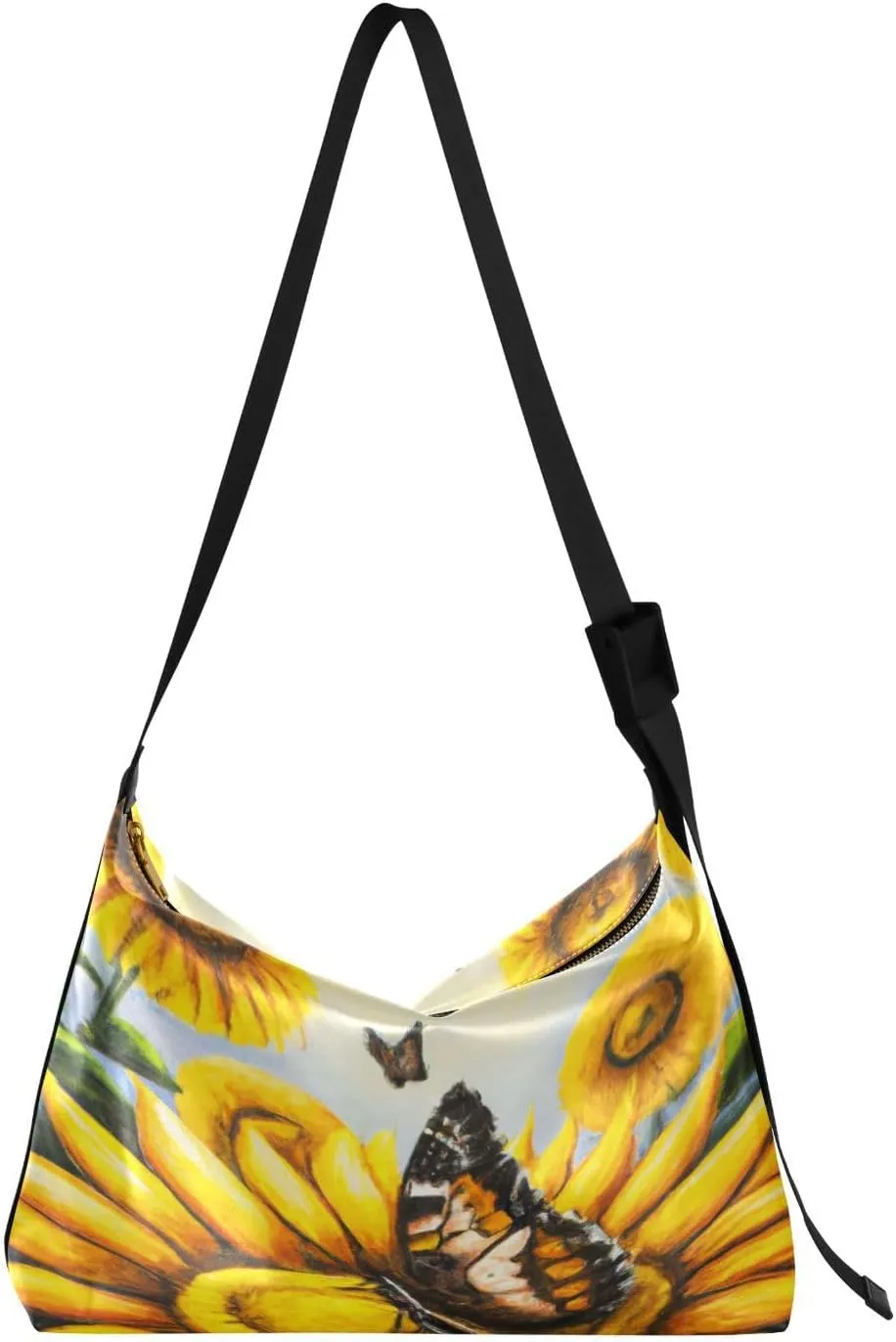 Sunflower Field Butterfly Hobo Crossbody Bags for Women Leather Large Shoulder Bag Cross Body Oil Painting Artistic Trendy Womens Tote Bags Handbag for Travel Shopping