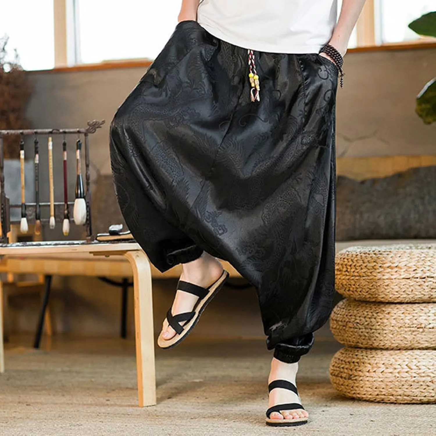 SUWBMHWE Mens Harem Pants Men's Casual Loose Renaissance Pants Toji Baggy Linen Men Wear Beach Yoga Oversized Lounge