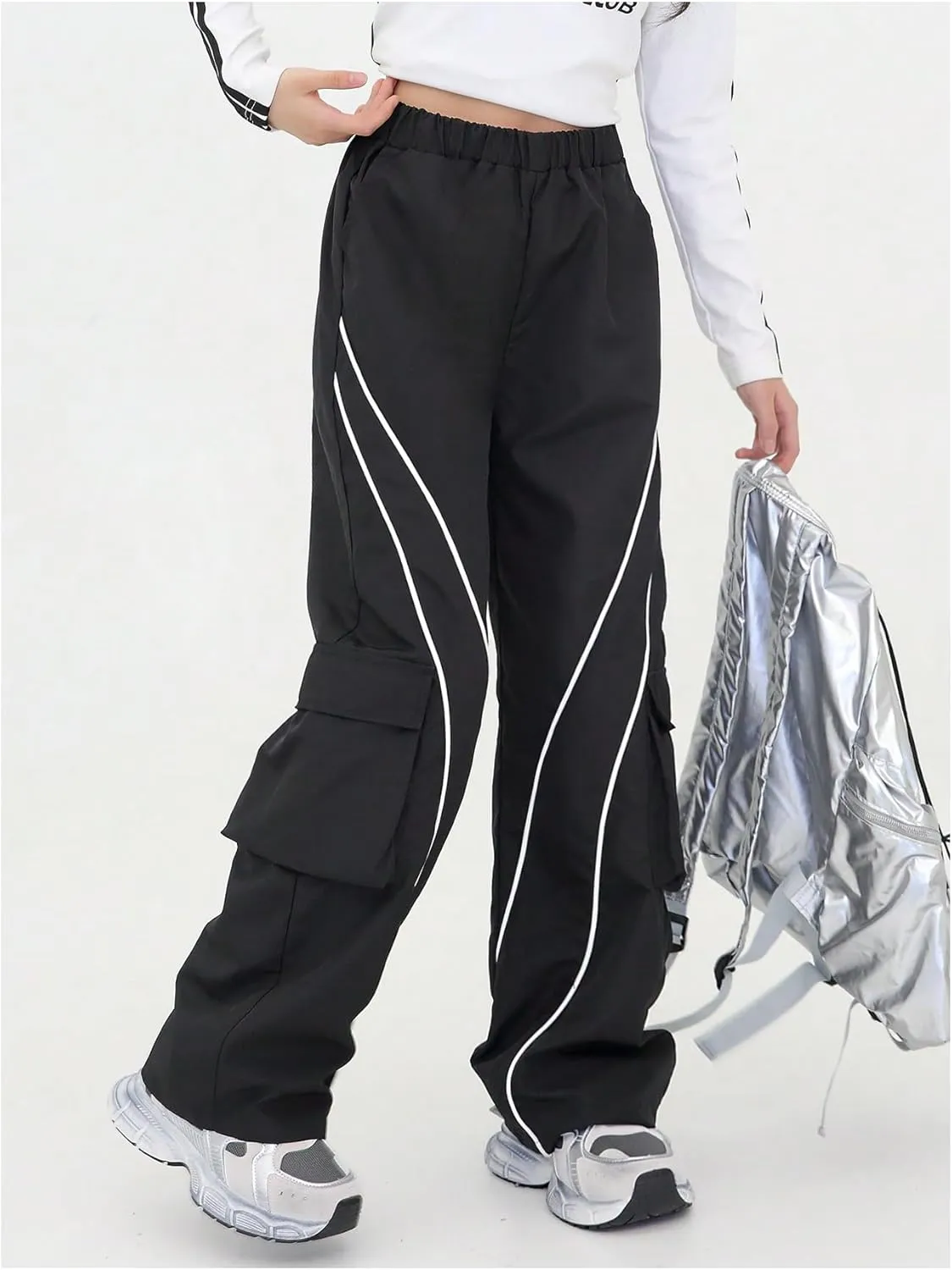 SweatyRocks Girls Cargo Jogger Parachute Pants High Waist Streetwear Kids Trousers with Pockets Trendy