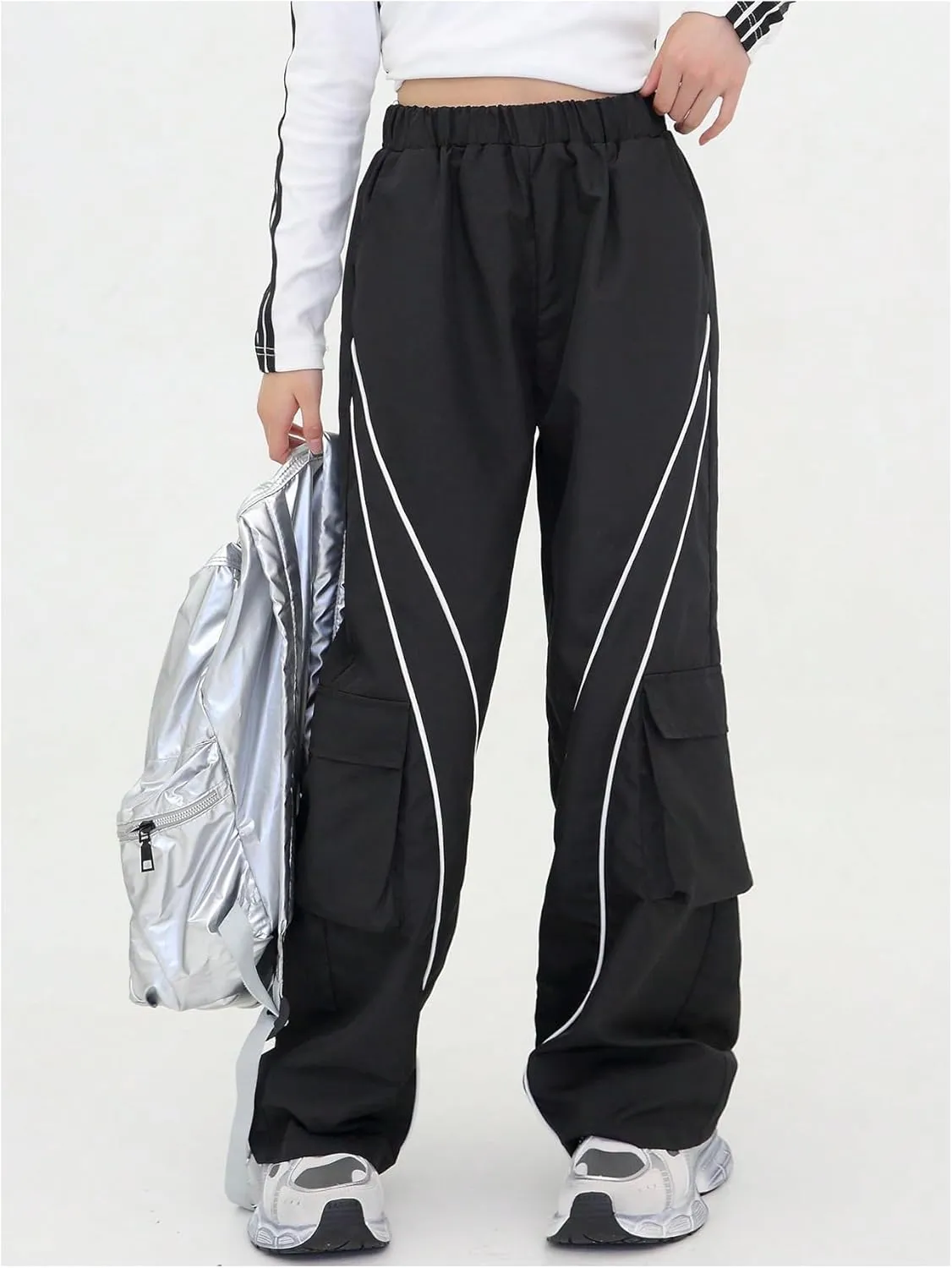 SweatyRocks Girls Cargo Jogger Parachute Pants High Waist Streetwear Kids Trousers with Pockets Trendy