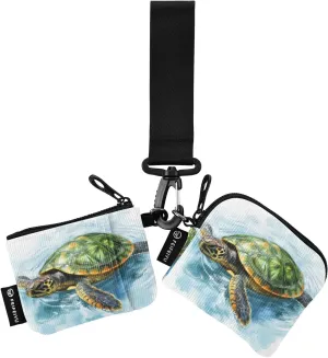 Swimming Turtle Artistic Blue Dual Pouch Wristlet Portable Keychain Wallet Detachable Coin Purse Pouch with Zipper Keychain Wristlet for Women Sports Outdoors Travel