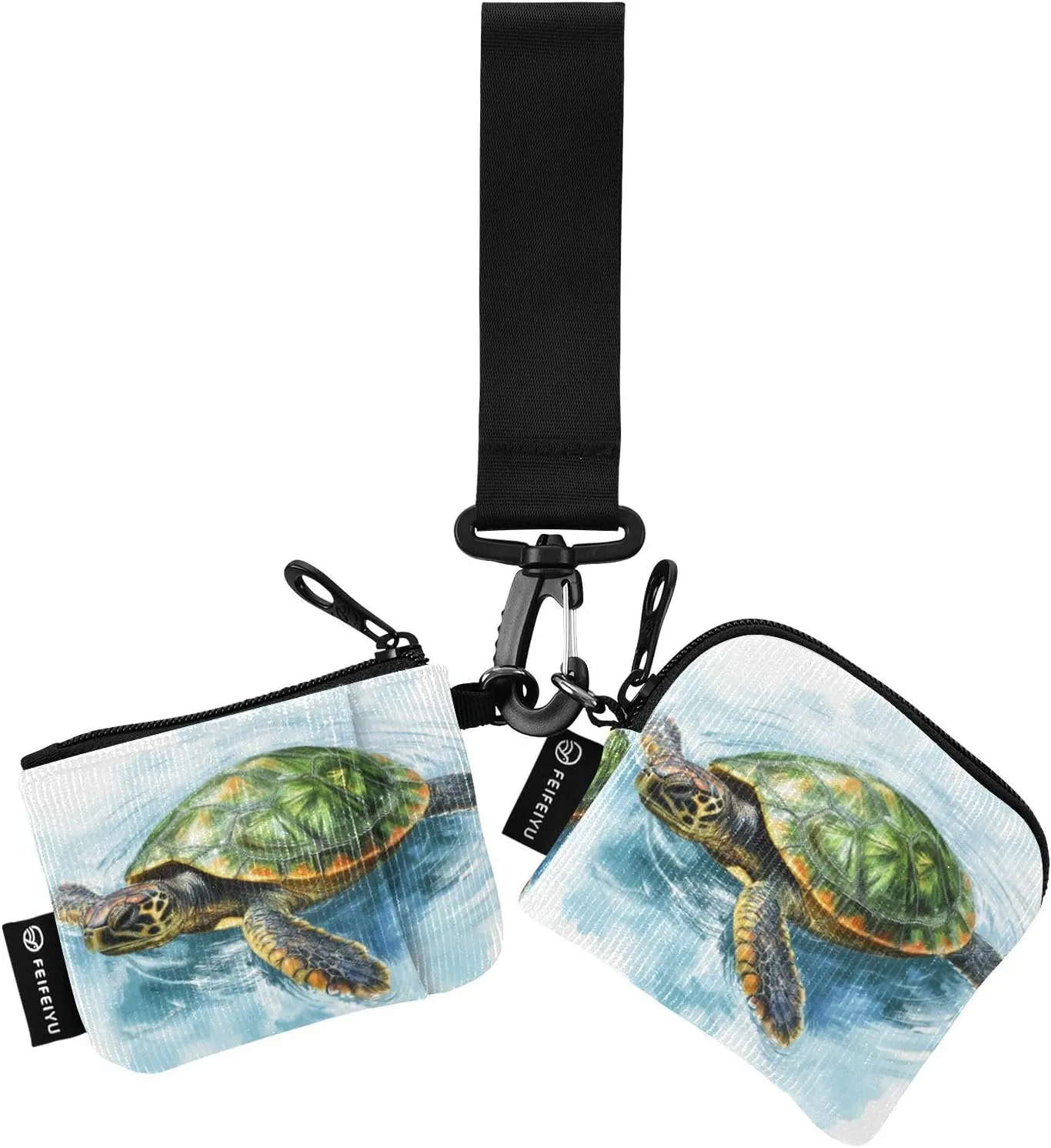 Swimming Turtle Artistic Blue Dual Pouch Wristlet Portable Keychain Wallet Detachable Coin Purse Pouch with Zipper Keychain Wristlet for Women Sports Outdoors Travel