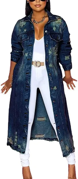 sysinside Womens Distressed Ripped Denim Trench Coat Casual Slim Button Down Washed Long Jean Jacket (Dark Blue,Medium)