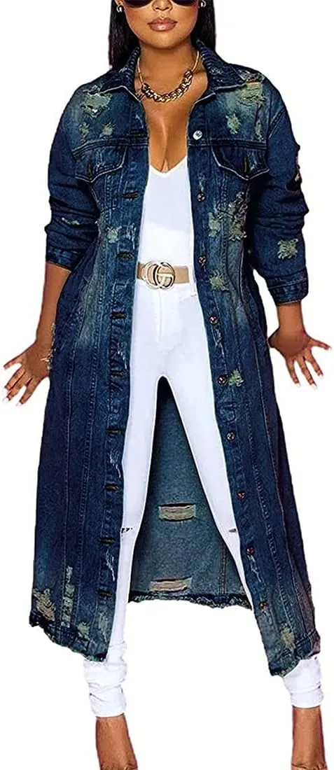 sysinside Womens Distressed Ripped Denim Trench Coat Casual Slim Button Down Washed Long Jean Jacket (Dark Blue,Medium)