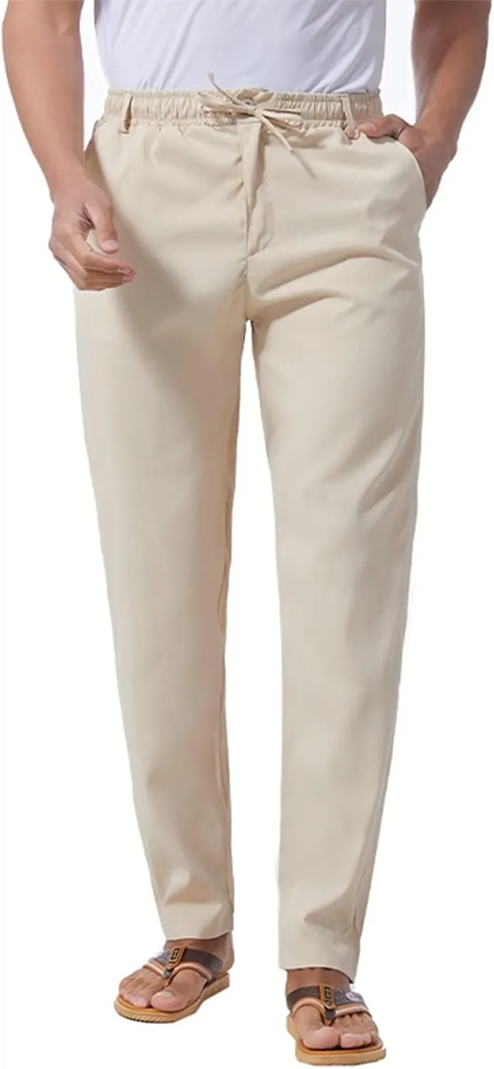 Thatrich Work Pants for Men Business Casual Trouser Cotton Linen Solid Summer Sweatpants Lightweight Comfy Yoga Pant Slim Fit