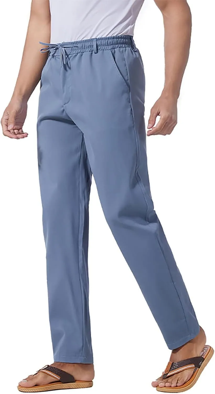 Thatrich Work Pants for Men Business Casual Trouser Cotton Linen Solid Summer Sweatpants Lightweight Comfy Yoga Pant Slim Fit