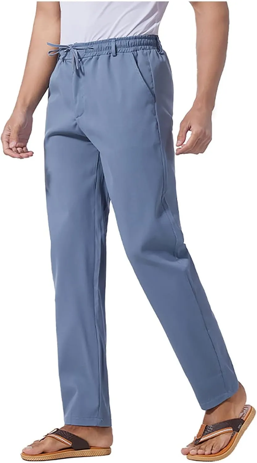 Thatrich Work Pants for Men Business Casual Trouser Cotton Linen Solid Summer Sweatpants Lightweight Comfy Yoga Pant Slim Fit