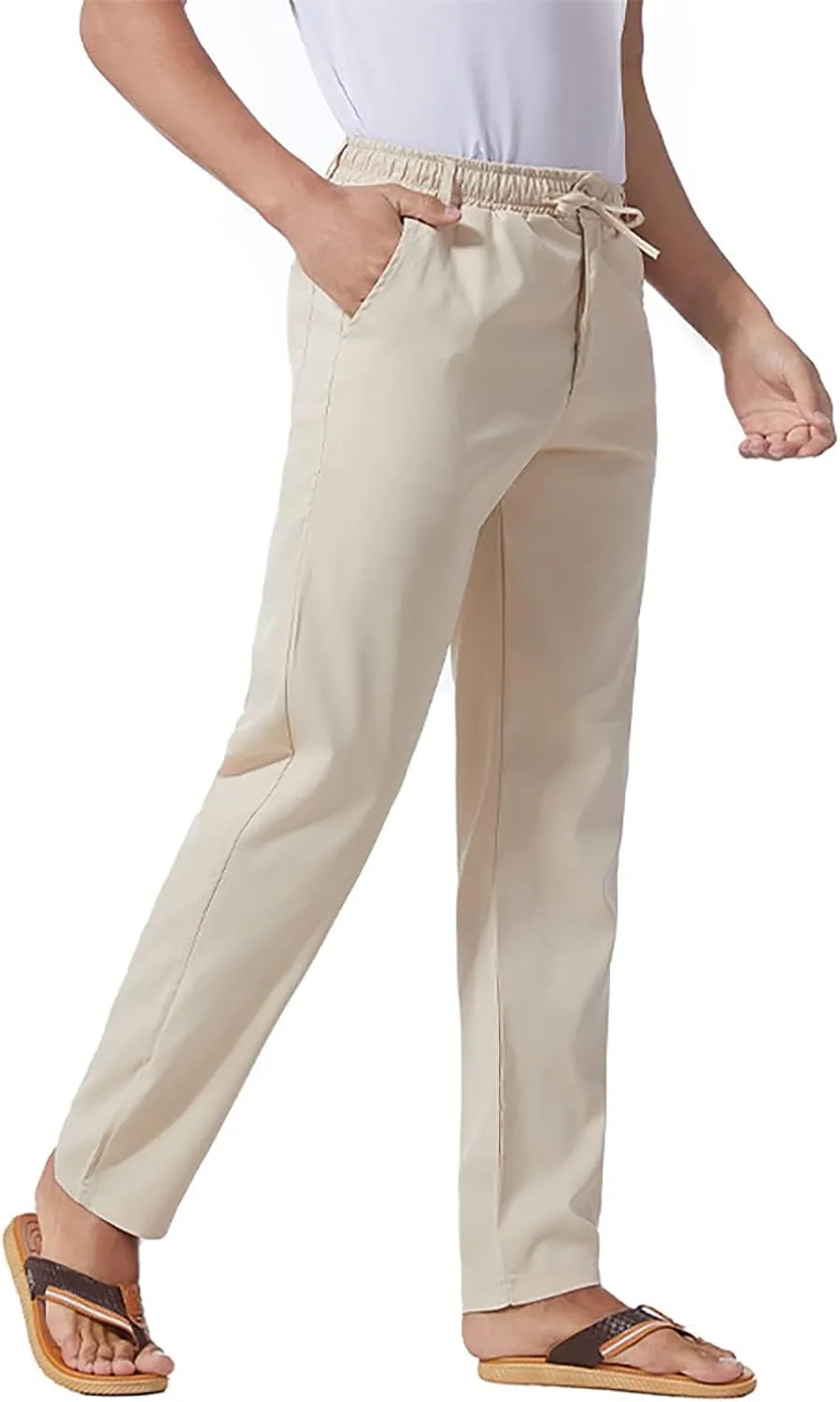 Thatrich Work Pants for Men Business Casual Trouser Cotton Linen Solid Summer Sweatpants Lightweight Comfy Yoga Pant Slim Fit