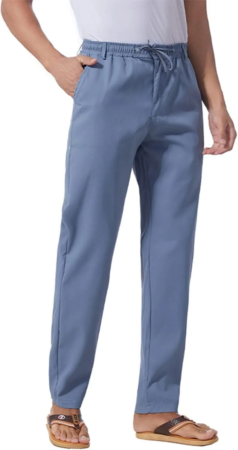 Thatrich Work Pants for Men Business Casual Trouser Cotton Linen Solid Summer Sweatpants Lightweight Comfy Yoga Pant Slim Fit